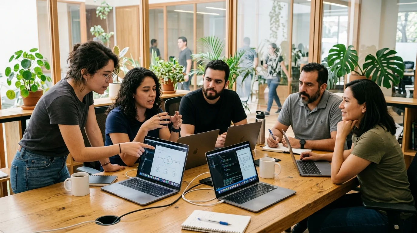 Team members discussing ideas around a wooden desk during a working session