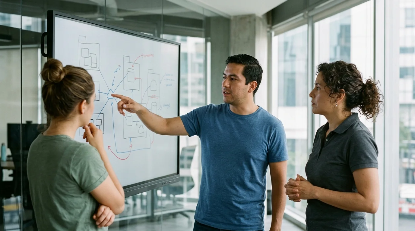 Three software professionals analyzing a system diagram on a whiteboard