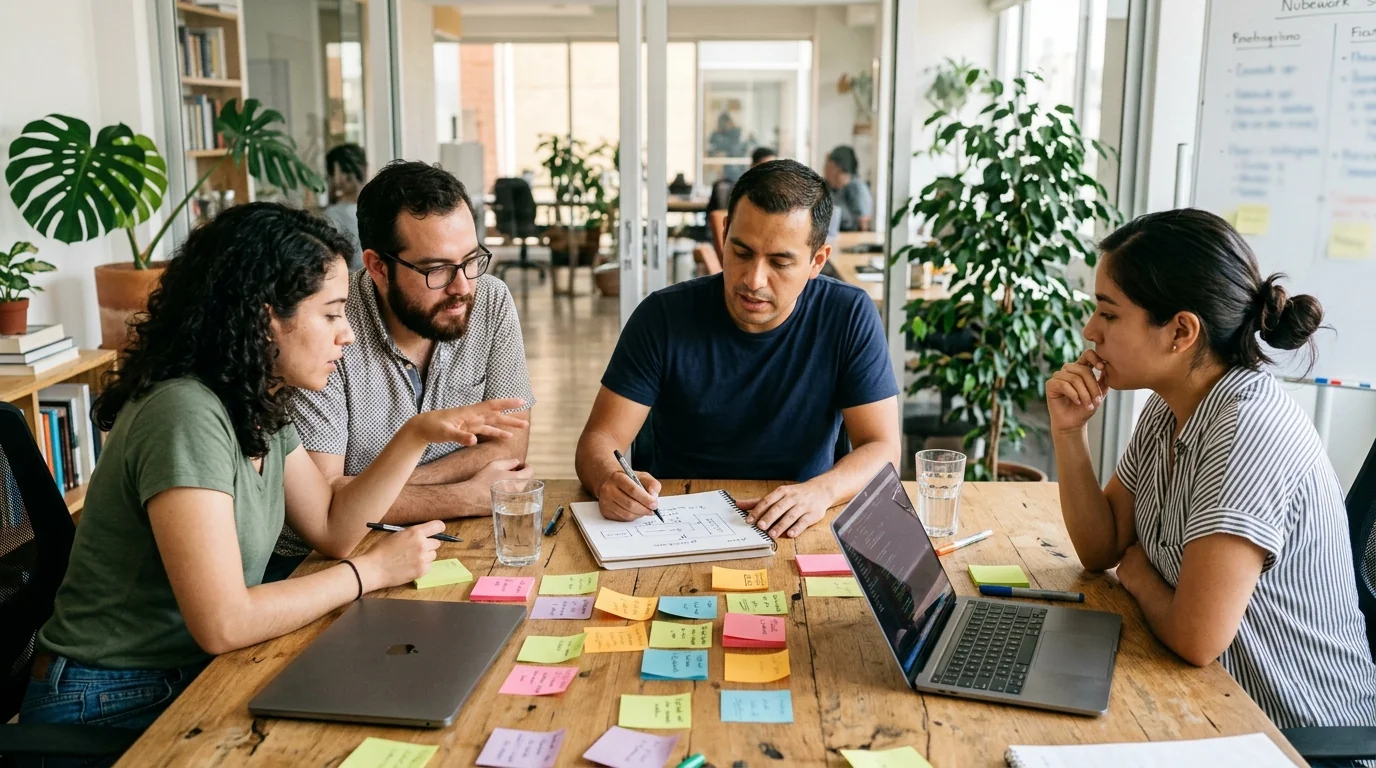 Team gathered around sticky notes and sketches during a planning session